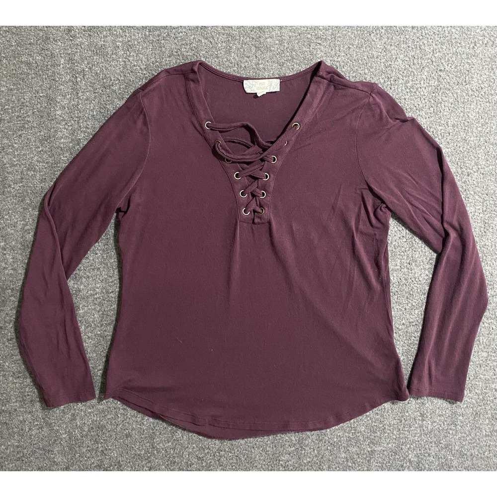 Pink Republic Womens Burgundy Lace Up V-Neck Long Sleeve Top Artisan Wine Size L